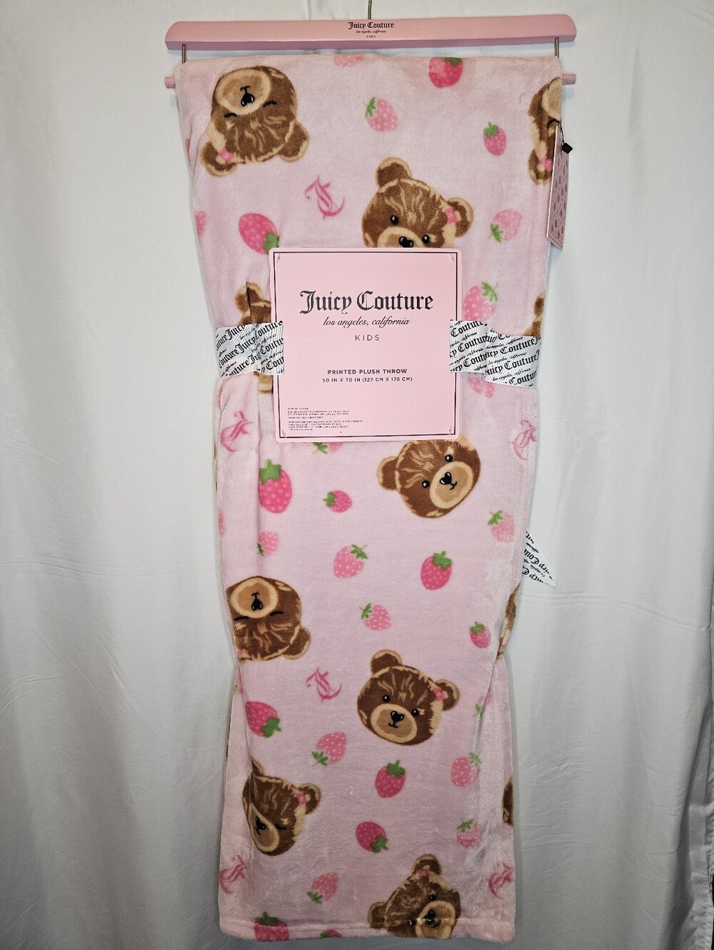 Juicy Couture Kids Pink Teddy Bear & Strawberry Plush Throw Blanket NWT